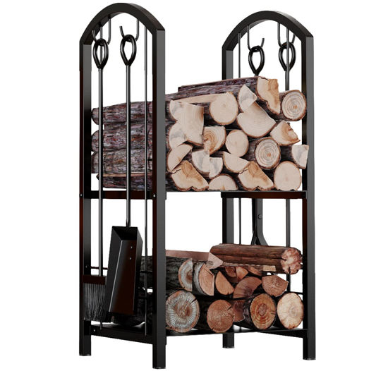 Picture of Fire Beauty Fireplace Firewood Log Rack 5-Piece Storage Logs Holder with Tools Set with 4 Tools Set Fireside Holders Wood Lumber Storage Stacking Black