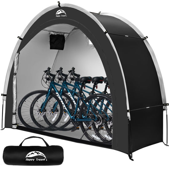 Picture of Happy Travel Bike Storage Shed Tent,Outdoor Portable Bicycle Storage Sheds with 210D Oxford Fabric PU4000 Waterproof for 2/3/4/6/8 Bikes,Bike Covers Shelter for Motorcycle,Garden Tools,Toys,Lawn Mower