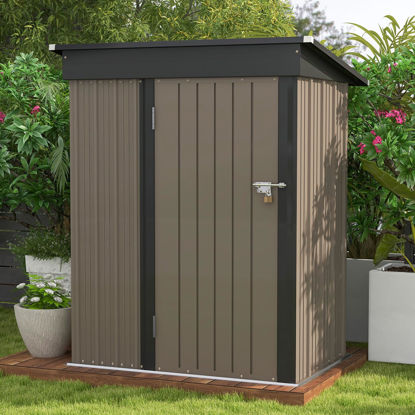 Picture of Patiowell 5x3 FT Outdoor Storage Shed, Tool Shed with Sloping Roof and Lockable Door, Metal Shed for Backyard Garden Patio Lawn, Brown