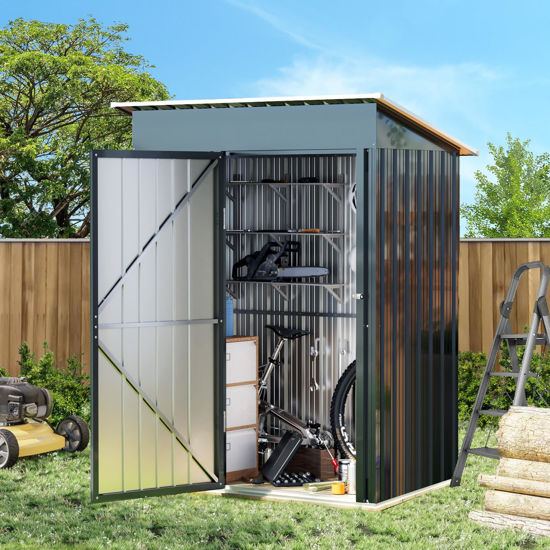 Picture of 5x3FT Vertical Outdoor Steel Storage Shed with Floor Frame, Lockable Doors, Compact Metal Tool Shed for Garden, Backyard, Patio, Utility, and Bike Storage
