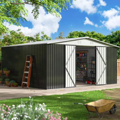 Picture of VIWAT 12x14 FT Outdoor Storage Shed, Metal Shed with Updated Frame Structure and Lockable Doors, Large Shed Upgrade Height Ideal for Garden, Backyard, Patio Utility and Tool Storage, White