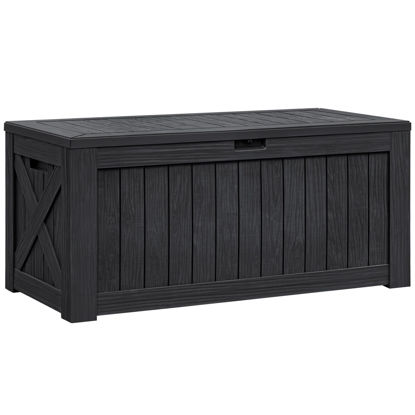 Picture of Flamaker Resin Deck Box 120 Gallon Waterproof Large Deck Boxes Plus Outdoor Indoor Storage Box Imitation Wood Resin for Patio Furniture Garden Tools and Pool (Black)