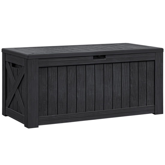 Picture of Flamaker Resin Deck Box 120 Gallon Waterproof Large Deck Boxes Plus Outdoor Indoor Storage Box Imitation Wood Resin for Patio Furniture Garden Tools and Pool (Black)