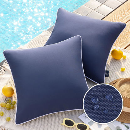 Picture of Phantoscope Pack of 2 Outdoor Waterproof Throw Pillow Covers Decorative Square Pillows Cushion Case Patio for Couch Tent Sunbrella (18''x18'', Dark Blue)
