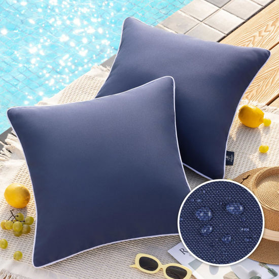 Picture of Phantoscope Pack of 2 Outdoor Waterproof Throw Pillow Covers Decorative Square Pillows Cushion Case Patio for Couch Tent Sunbrella (18''x18'', Dark Blue)