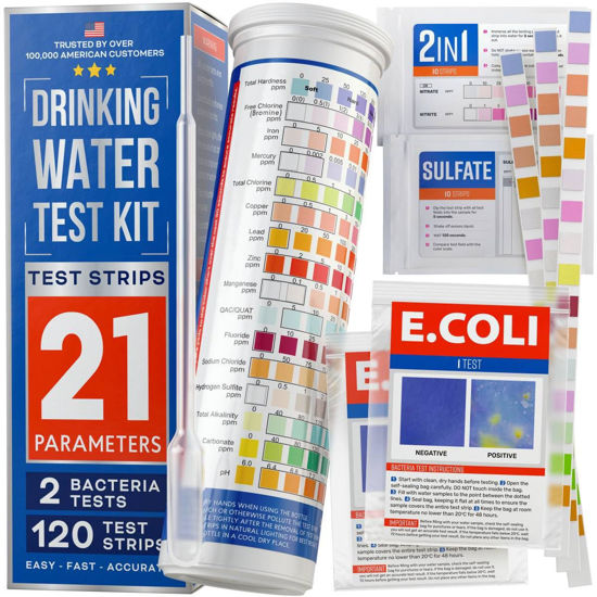 Picture of Bestprod All-New 20 in 1 Drinking Water Testing Kit 120 Strips, Home Tap and Well Water Test Kit for Hardness, Lead, Iron, Copper, Chlorine, Fluoride