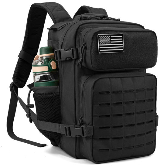 Picture of QT&QY 25L Military Tactical Backpacks For men Survival Army Laser cut Molle Daypack small EDC Bug Out Bag Gym Rucksack With Dual Cup Holders medical Rucksack Black