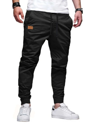 Picture of JMIERR Mens Cotton Drawstring Cargo Pants - Outdoor Hiking Gym Twill Joggers with Pockets for Men, US 36(L), Black