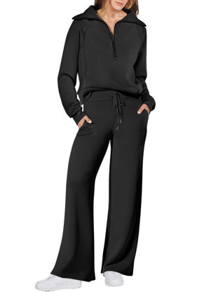 Picture of ANRABESS Women 2 Piece Outfits Sweatsuit Oversized Sweatshirt Sweatpants Tracksuit Sweat Lounge Matching Set 2024 Fall Trendy Black Medium