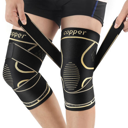 Picture of Copper Knee Braces with Strap for Knee Pain Women and Men(2 Pack), Knee Compression Sleeve for Arthritis, ACL, Meniscus Tear, Joint Pain Relief, Knee Support for Working, Running, Weightlifting(M)