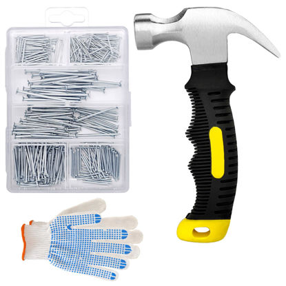 Picture of 376pcs Hardware Nails Assortment Kit and 8oz Small Claw Hammer,Mini Hammer with Anti-Slip Handle,Nails for Hanging Pictures,Maximum Length 2 Inches Nails,Finishing Nails for Household and DIY