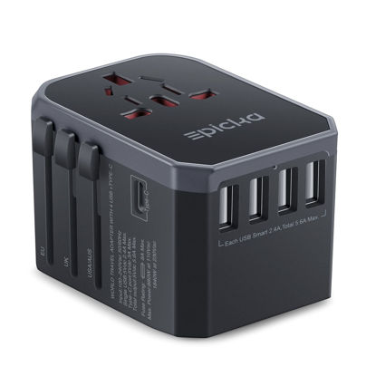 Picture of EPICKA Universal Travel Adapter One International Wall Charger AC Plug Adaptor with 5.6A Smart Power and 3.0A USB Type-C for USA EU UK AUS (TA-105, Grey)