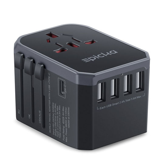 Picture of EPICKA Universal Travel Adapter One International Wall Charger AC Plug Adaptor with 5.6A Smart Power and 3.0A USB Type-C for USA EU UK AUS (TA-105, Grey)