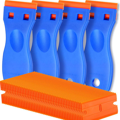 Picture of 4 Pcs Plastic Razor Blade Scraper and 100 Pcs Blades, Remove Label Decal Tool， Forwithout Scratches Plastic Razor Blade Scraper, Adhesive Remover for Stickers, Gaskets and Paints on Window Car Glass