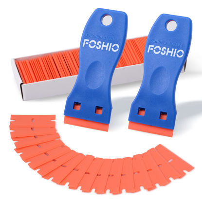 Picture of FOSHIO Plastic Razor Blade Scraper Include 2PCS Scraper Tool and 100PCS Blades for Gasket Remover, Labels Decal and Adhesive Remover for Windows and Glass,Blue