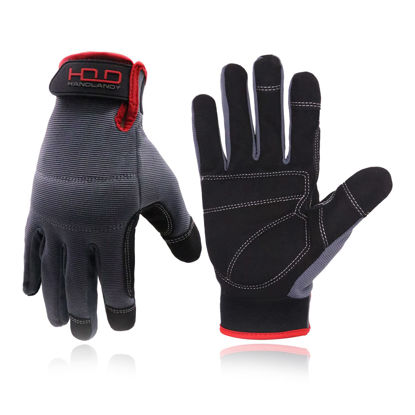 Picture of HANDLANDY Mens Work Gloves Touch screen, Synthetic Leather Utility Gloves, Flexible Breathable Fit- Padded Knuckles & Palm (Large)
