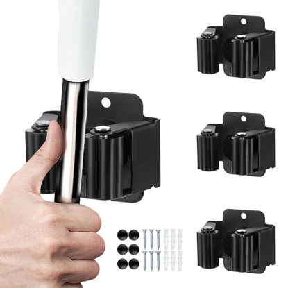 Picture of JAMEND CLXP 3PCS Broom and Mop Holder, Heavy Duty Garden Tool Organizer Rack Rake and Shovel Handle, Stainless Steel Mop Hanger. Wall Mounted Utility Rack with Screws, Matte Black