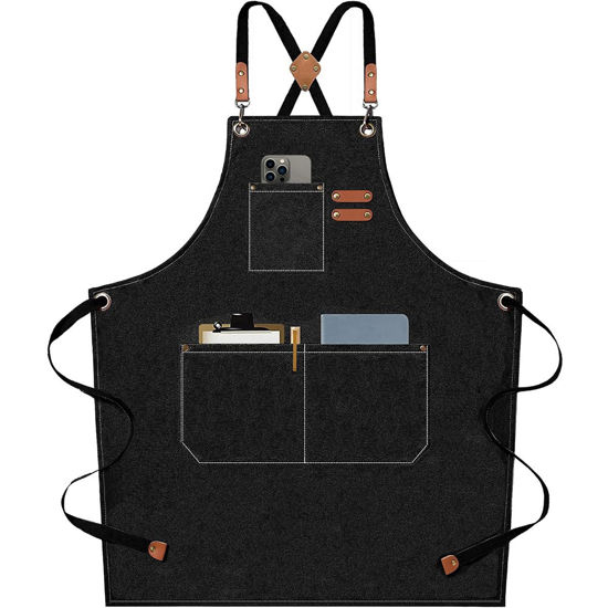 Picture of AFUN Chef Aprons for Men Women with Large Pockets, Cotton Canvas Cross Back Heavy Duty Adjustable Work Apron, Size M to XXL (Black)
