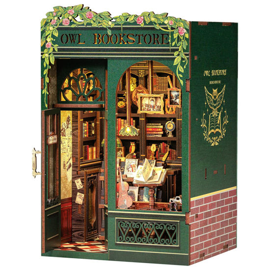 Picture of CUTEBEE Book Nook Kit - DIY Miniature House Kit for Adults, Teens and Beginners, Dollhouse Booknook Library Tiny House Bookshelf Decor 3D Wooden Puzzle, Gifts for Family, Friends (Owl Bookstore)