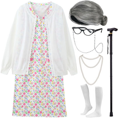 Picture of EBYTOP Old Lady Costume for Kids Halloween 100th Day of School Girls Dress up Granny Wig Grandma 100 Days Glasses Cane,1-WH 4-6 Years