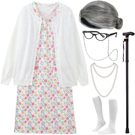 Picture of EBYTOP Old Lady Costume for Kids Halloween 100th Day of School Girls Dress up Granny Wig Grandma 100 Days Glasses Cane,1-WH 4-6 Years