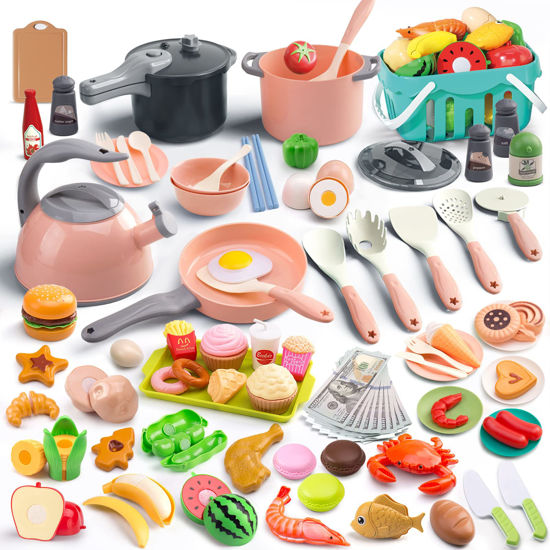 Picture of Funpynani 130Pcs Kitchen Playset, Toddler Pretend Cooking Play Pots, Pans, Utensils Cookware, Daily Food Fruit Veges, Shopping Storage Basket, Dessert, Prop Money, Learning Gift for Child (Pink)