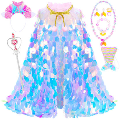 Picture of LIMIROLER Princess Dress Up Toys Princess Dress Up Clothes Rainbow Mermaid Cape Kit 9 Pcs Gift Set for Little Girls 3-8 Years Old, Great Gift Set for Birthday Christmas Halloween (Rainbow Pink)