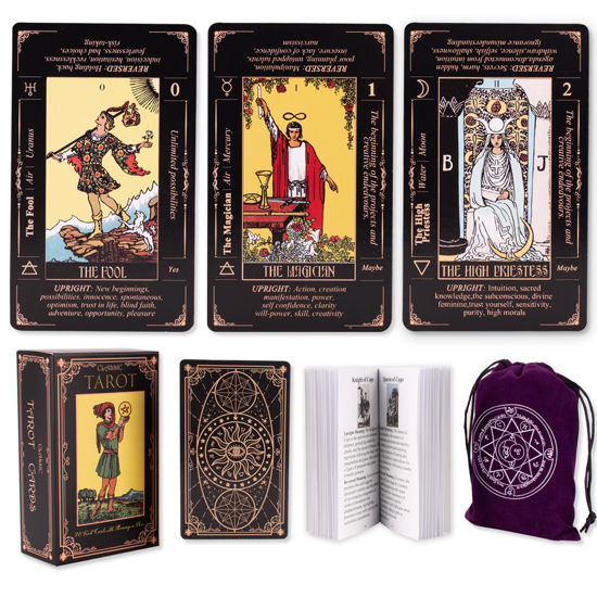 Picture of KLEDERY Tarot Cards for Beginners, Classic Tarot Cards with Meanings on Them, Durable Tarot Cards with Guide Book for Beginners (Black)
