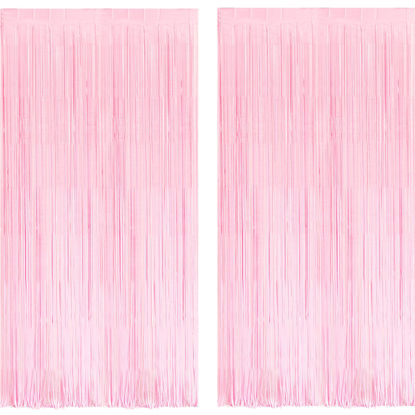 Picture of BRAVESHINE Macaron Pink Foil Fringe Curtains Tinsel Backdrop - 2 Pack Photo Booth Streamer Party Supplies for Valentine’s Girls Pastel Birthdays Bridal Shower Bachelorette Sweet Bow Party Decorations