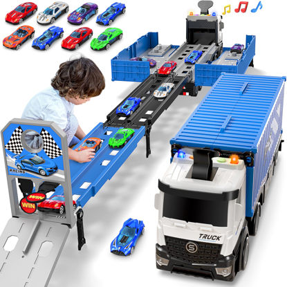 Picture of Carrier Truck Race Track Toddlers Toys, Foldable 3 Layer Car Race Track Playset, Toy Truck Transport Car Carrier & 8 Race Cars, Truck Car Kids Toys Xmas Gifts for Age 3 4 5 6+ Years Old Boys Girls