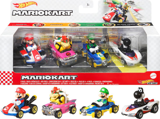 Picture of Hot Wheels Mario Kart Set of 4 Die-Cast Toy Cars with Attached Character Drivers, Includes Black Yoshi (Amazon Exclusive)