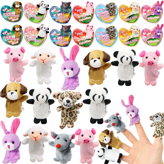 Picture of JOYIN 28 Packs Valentines Day Animal Finger puppet with Gift Cards Set for Kids, Party Favor, Classroom Exchange Prizes, Valentine’s Greeting Cards, Stressrelief Hand puppets, Holiday Reward Prizes