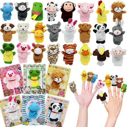 Picture of VEALIZUU 24 Packs Valentine's Day Plush Animal Finger Puppet Toys Sets, Valentines Day Cards Gifts for Kids Valentines School Classroom Exchange Gift, Valentines Party Favors