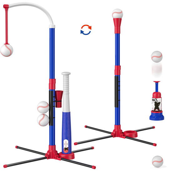Picture of HYES 3-in-1 Baseball Set for Kids 3-5 - Tee Ball Stand, Hanging Tee, Ball Launcher and 6 Softballs - Adjustable Height, Indoor/Outdoor Sport Gifts for Boys, Blue