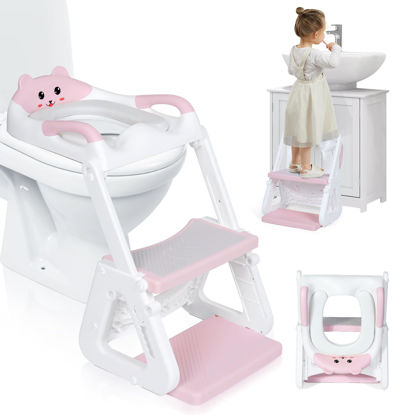 Picture of Orzbow 2-IN-1 Potty Training Toilet Seat with Step Stool for Toddler, Stability Training Potty Seat for Kids Boys Girls with Splash Guard and Anti-Slip Pad, Adjustable Ladder & Potty Seat Height, Pink