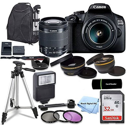 Picture of Canon Intl. Canon EOS 2000D / Rebel T7 DSLR Camera with EF-S 18-55mm Zoom Lens + SanDisk 32GB Memory Card + Tripod + Case + Wideangle Lenses + Rtech Digital Cloth (20pc Bundle), Black, (Renewed)