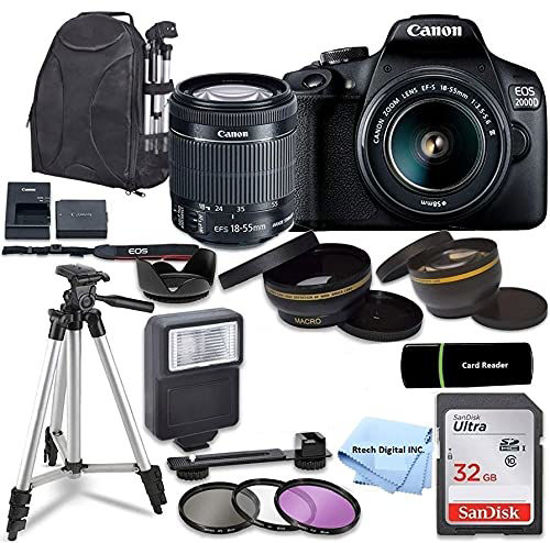 Picture of Canon Intl. Canon EOS 2000D / Rebel T7 DSLR Camera with EF-S 18-55mm Zoom Lens + SanDisk 32GB Memory Card + Tripod + Case + Wideangle Lenses + Rtech Digital Cloth (20pc Bundle), Black, (Renewed)