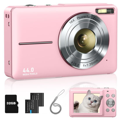 Picture of Digital Camera, FHD 1080P Point and Shoot Kids Camera, with 32GB Card, 2 Batteries, 16X Zoom Anti Shake Date Stamp, Compact Portable Small, for Starter Kid Children Teen Student Girl Boy(Pink)