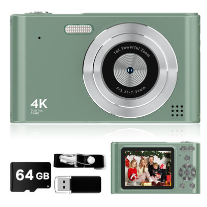 Picture of 2025 Digital Camera, Kids Camera1080P, Vlog Camera with 64GB Card,16X Zoom Anti Shake, Card Reader, 44MP Compact Portable Small Point Shoot Camera Green Gift for Kid Student Children Teen Girl Boy