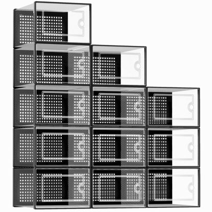 Picture of Kuject X-Large Shoe Storage Boxes Organizers Clear Plastic Stackable 12 Pack, Shoe Rack & Holder Substitute, Sneaker Containers, Toy Storage Organizer Bins for Entryway, Closet, Under Bed, Black