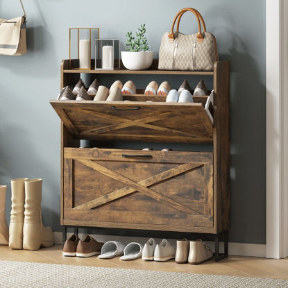 Picture of Maupvit Shoe Storage Cabinet with 2 Flip Drawers, Freestanding Organizer with Metal Legs for Entryway, Narrow Shoe Rack Cabinet, Rustic Brown