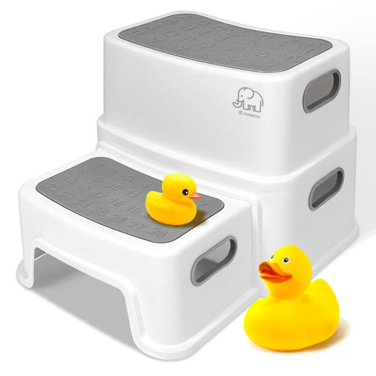 Picture of Forbena Toddler Step Stool for Bathroom Sink, 2 Step Stool for Kids Toilet Potty Training, Non-Slip Toddlers Baby Child Kid Plastic Poop Stools with Handle for Kitchen Counter Bed (White-Grey)