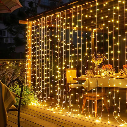 Picture of Dazzle Bright 300 LED Curtain String Lights, Christmas Fairy Lights for Bedroom with 8 Lighting Modes, Connectable Waterproof Window Lights Party Wedding Garden Wall Decor, Warm White