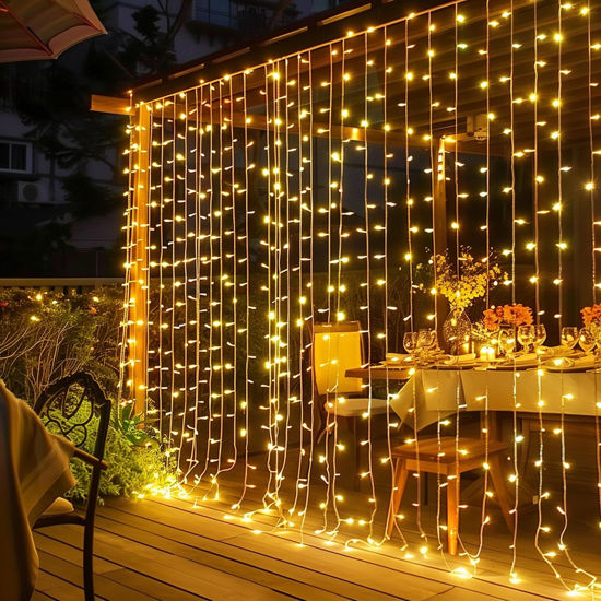 Picture of Dazzle Bright 300 LED Curtain String Lights, Christmas Fairy Lights for Bedroom with 8 Lighting Modes, Connectable Waterproof Window Lights Party Wedding Garden Wall Decor, Warm White