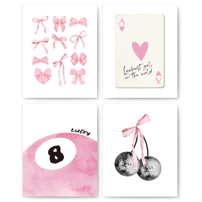 Picture of okaxscm Pink Coquette Trendy Preppy Wall Art Prints Set of 4, Coquette Room Decor, Preppy Room Decor Aesthetic, Pink Bow Disco 8 Ball Cherry Wall Decor Posters for Girls Bedroom Dorm, 8x10 Unframed
