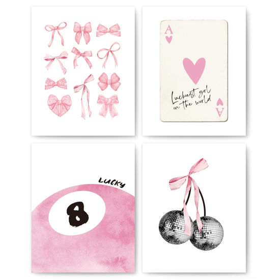 Picture of okaxscm Pink Coquette Trendy Preppy Wall Art Prints Set of 4, Coquette Room Decor, Preppy Room Decor Aesthetic, Pink Bow Disco 8 Ball Cherry Wall Decor Posters for Girls Bedroom Dorm, 8x10 Unframed