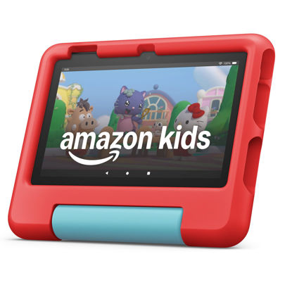 Picture of Amazon Fire 7 Kids tablet (newest model) ages 3-7. Top-selling 7" kids tablet on Amazon. Includes ad-free and exclusive content, easy parental controls, 10-hr battery, 16 GB, Red
