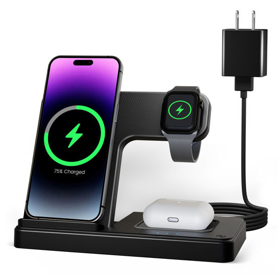 Picture of Wireless Charger iPhone Charging Station: 3 in 1 Charger Stand Multiple Devices for Apple - iPhone 16 15 14 Pro Max 13 12 11 - Watch 10 9 8 7 6 5 4 3 2 SE and Ultra Series - Airpods 4 3 2 Pro