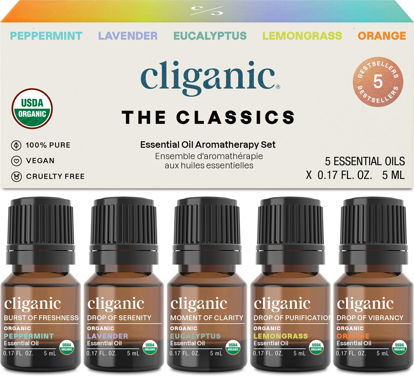 Picture of Cliganic Organic Essential Oils Set (Top 5) - 100% Pure Natural - Aromatherapy, Candle Making - Peppermint, Lavender, Eucalyptus, Lemongrass & Orange (Packaging May Vary)
