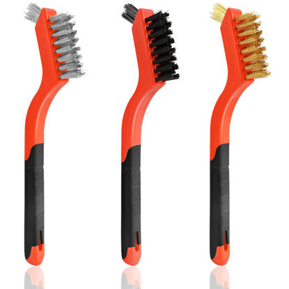 Picture of IEGREMAR 3pcs Wire Brushes for Cleaning Rust, Upgrade Wire Brush Set - Brass/Stainless Steel/Nylon Bristles, Small Metal Wire Brush with Curved Handle Grip, Wire Brushes for Paint and Stain, 7 Inches